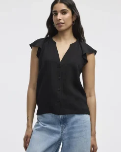 Short-Flutter-Sleeve Split-Neck Buttoned-Down Blouse