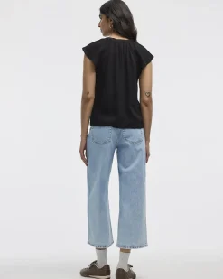 Short-Flutter-Sleeve Split-Neck Buttoned-Down Blouse