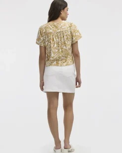 Short-Flutter-Sleeve V-Neck Buttoned-Down Blouse