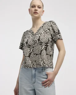 Short-Flutter-Sleeve V-Neck Buttoned-Down Blouse