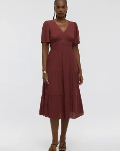 Short-Flutter-Sleeve V-Neck Tiered Midi Dress - Toni Fifi. Reitmans