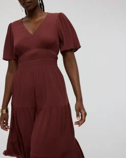 Short-Flutter-Sleeve V-Neck Tiered Midi Dress - Toni Fifi. Reitmans