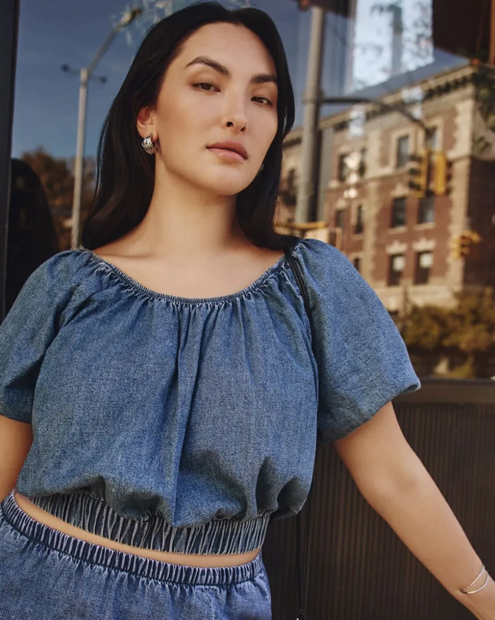 Short-Puffy-Sleeve Denim Top with Boat Neckline