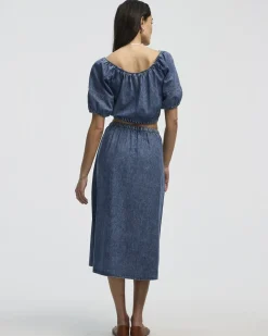 Short-Puffy-Sleeve Denim Top with Boat Neckline