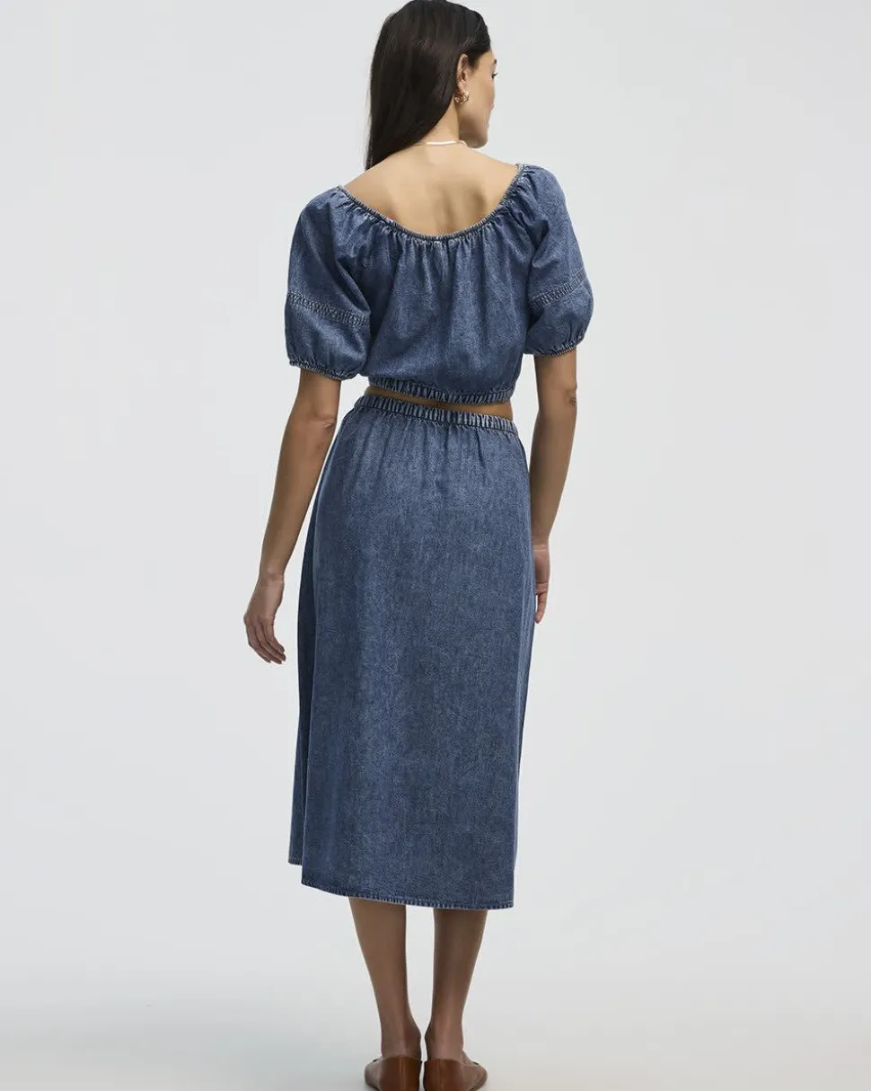 Short-Puffy-Sleeve Denim Top with Boat Neckline