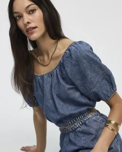 Short-Puffy-Sleeve Denim Top with Boat Neckline