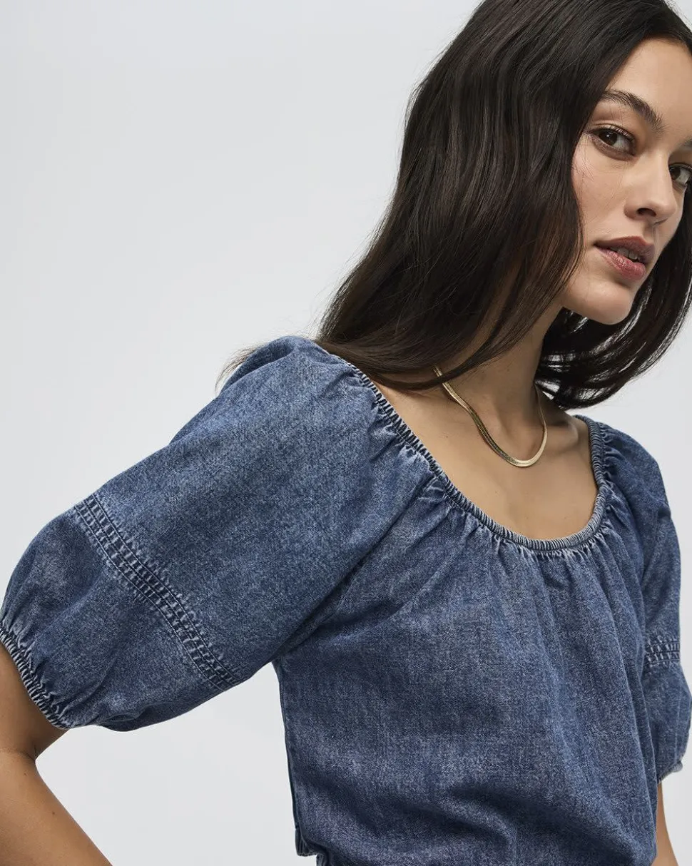 Short-Puffy-Sleeve Denim Top with Boat Neckline