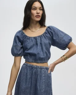 Short-Puffy-Sleeve Denim Top with Boat Neckline