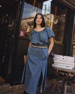 Short-Puffy-Sleeve Denim Top with Boat Neckline