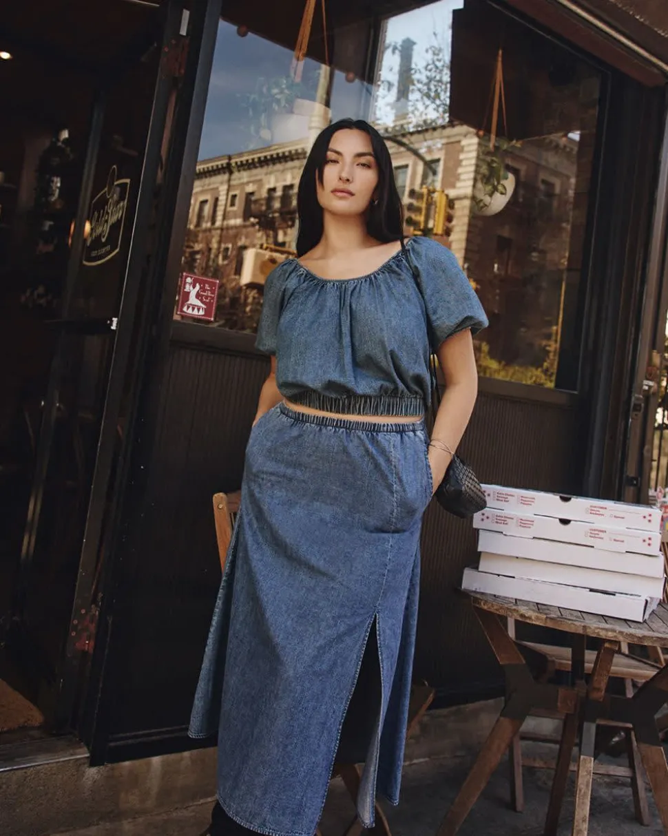 Short-Puffy-Sleeve Denim Top with Boat Neckline