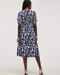 Short-Puffy-Sleeve V-Neck Midi Dress
