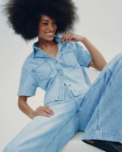 Short-Sleeve Buttoned-Down Denim Blouse