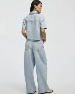 Short-Sleeve Buttoned-Down Denim Blouse