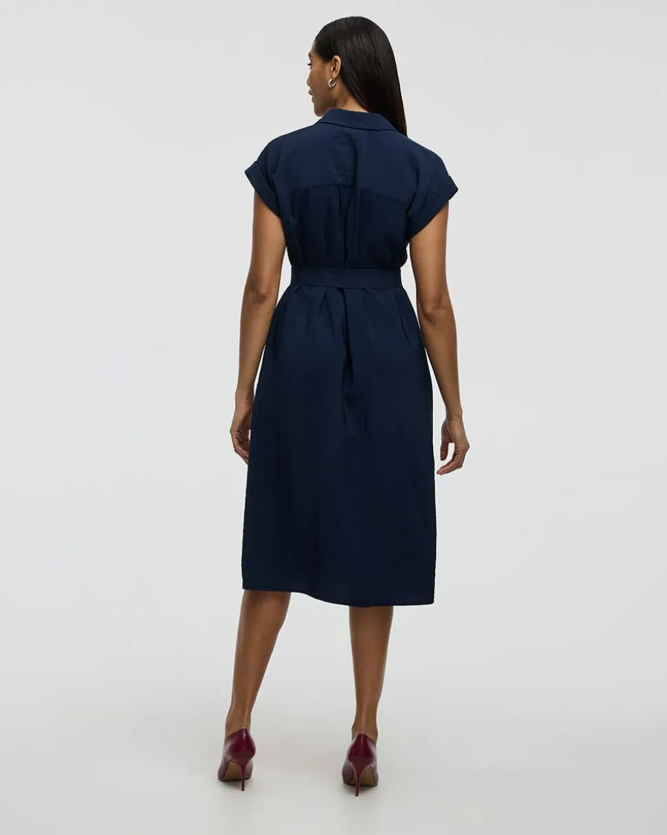Short-Sleeve Buttoned-Down Midi Dress with Tailored Collar
