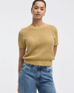 Short-Sleeve Crew-Neck Open-Stitch Pullover