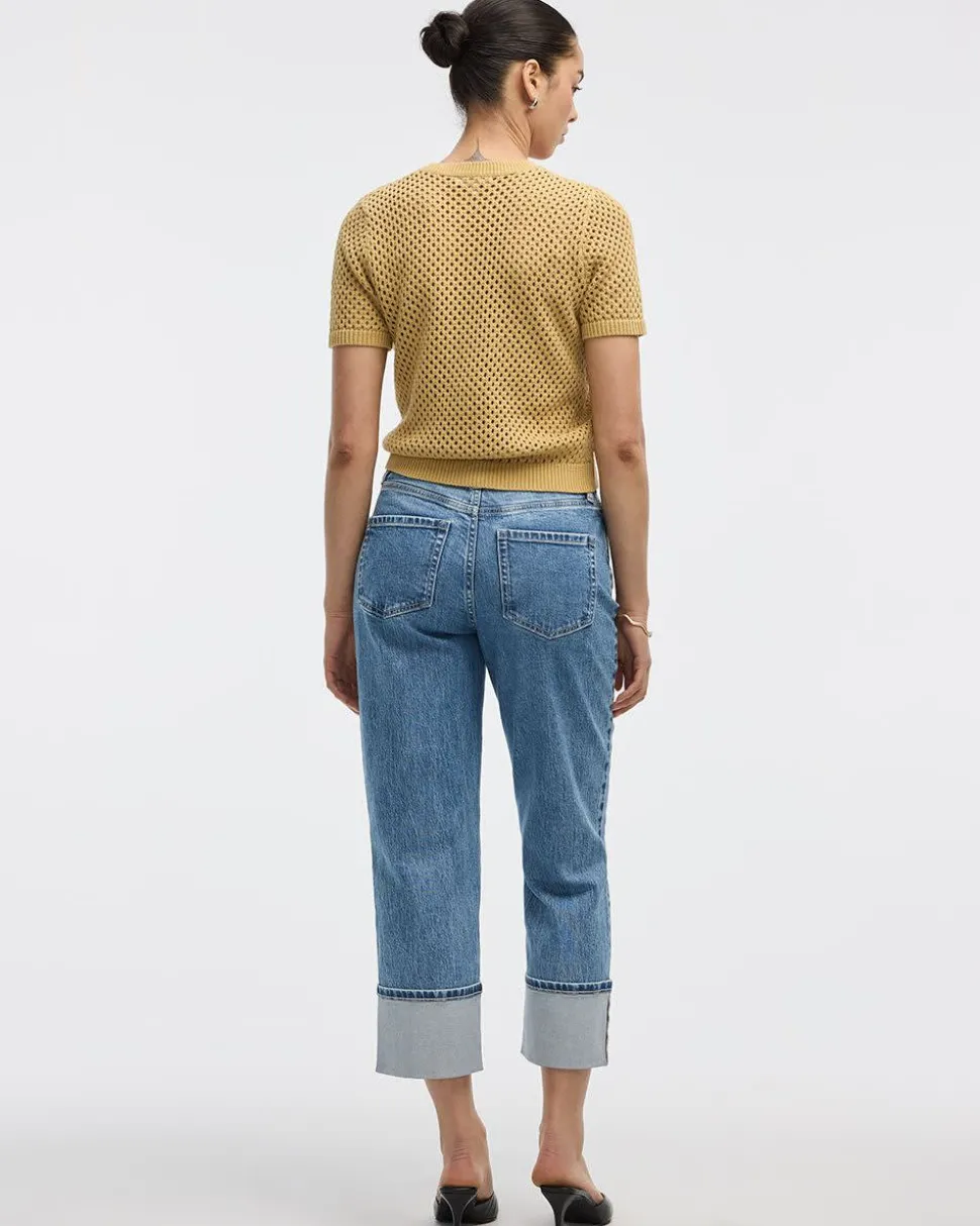 Short-Sleeve Crew-Neck Open-Stitch Pullover