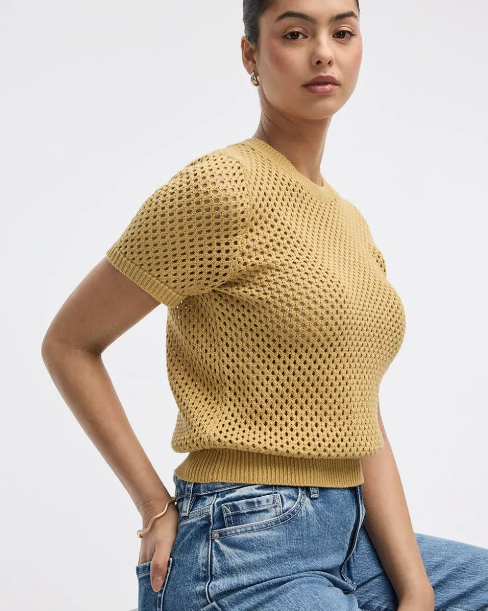 Short-Sleeve Crew-Neck Open-Stitch Pullover