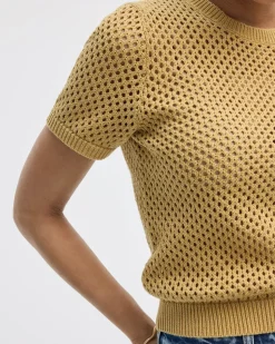 Short-Sleeve Crew-Neck Open-Stitch Pullover
