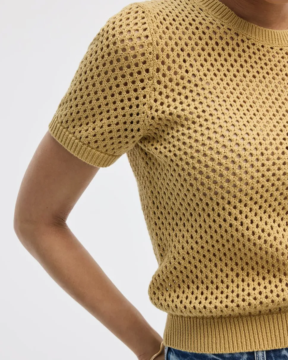 Short-Sleeve Crew-Neck Open-Stitch Pullover