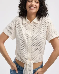 Short-Sleeve Crochet Top with Shirt Collar