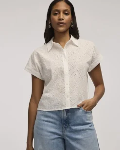 Short-Sleeve Eyelet Top with Shirt Collar