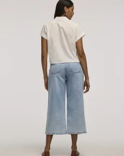 Short-Sleeve Eyelet Top with Shirt Collar