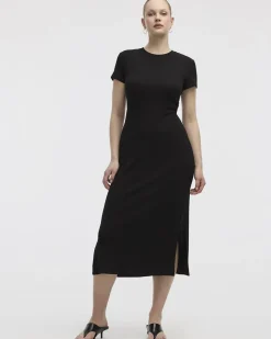 Short-Sleeve Ribbed Midi Dress