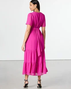 Short-Sleeve Tiered Maxi Dress with V Neckline