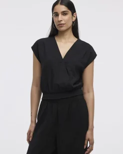 Short-Sleeve Top with Wrap V Neckline