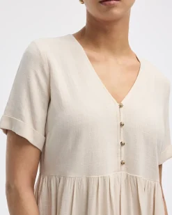 Short-Sleeve V-Neck Buttoned-Down Dress