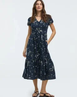 Short-Sleeve V-Neck Buttoned-Down Maxi Dress