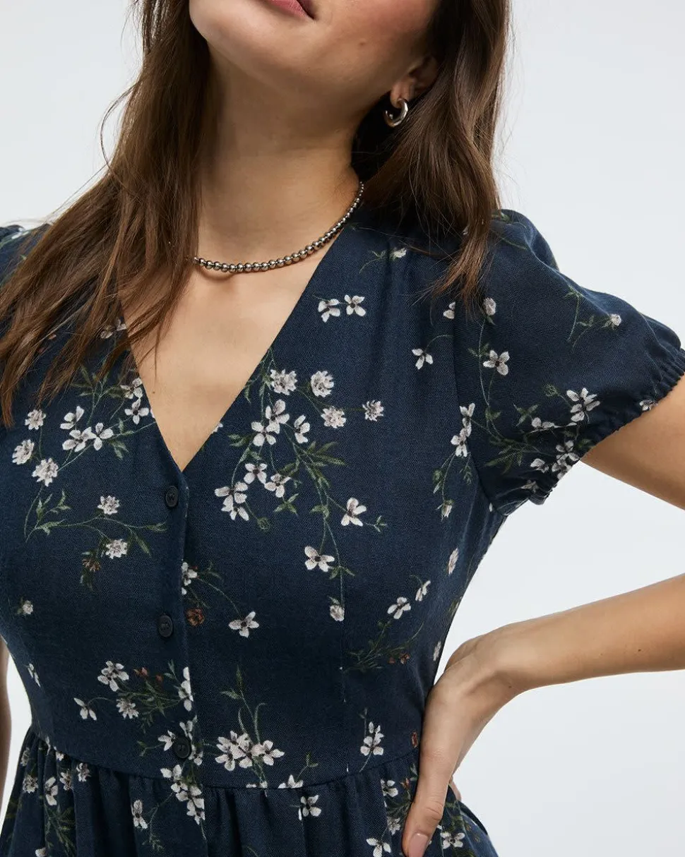 Short-Sleeve V-Neck Buttoned-Down Maxi Dress