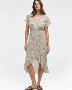 Short-Sleeve V-Neck Midi Dress with High-Low Hem
