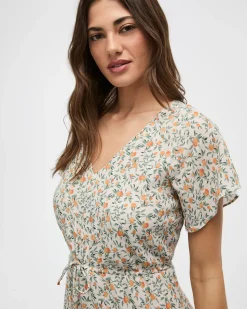 Short-Sleeve V-Neck Midi Dress with High-Low Hem