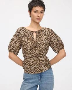 Short-Volume-Sleeve Open-Neck Blouse