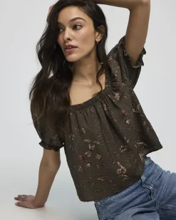 Short-Volume-Sleeve Square-Neck Blouse