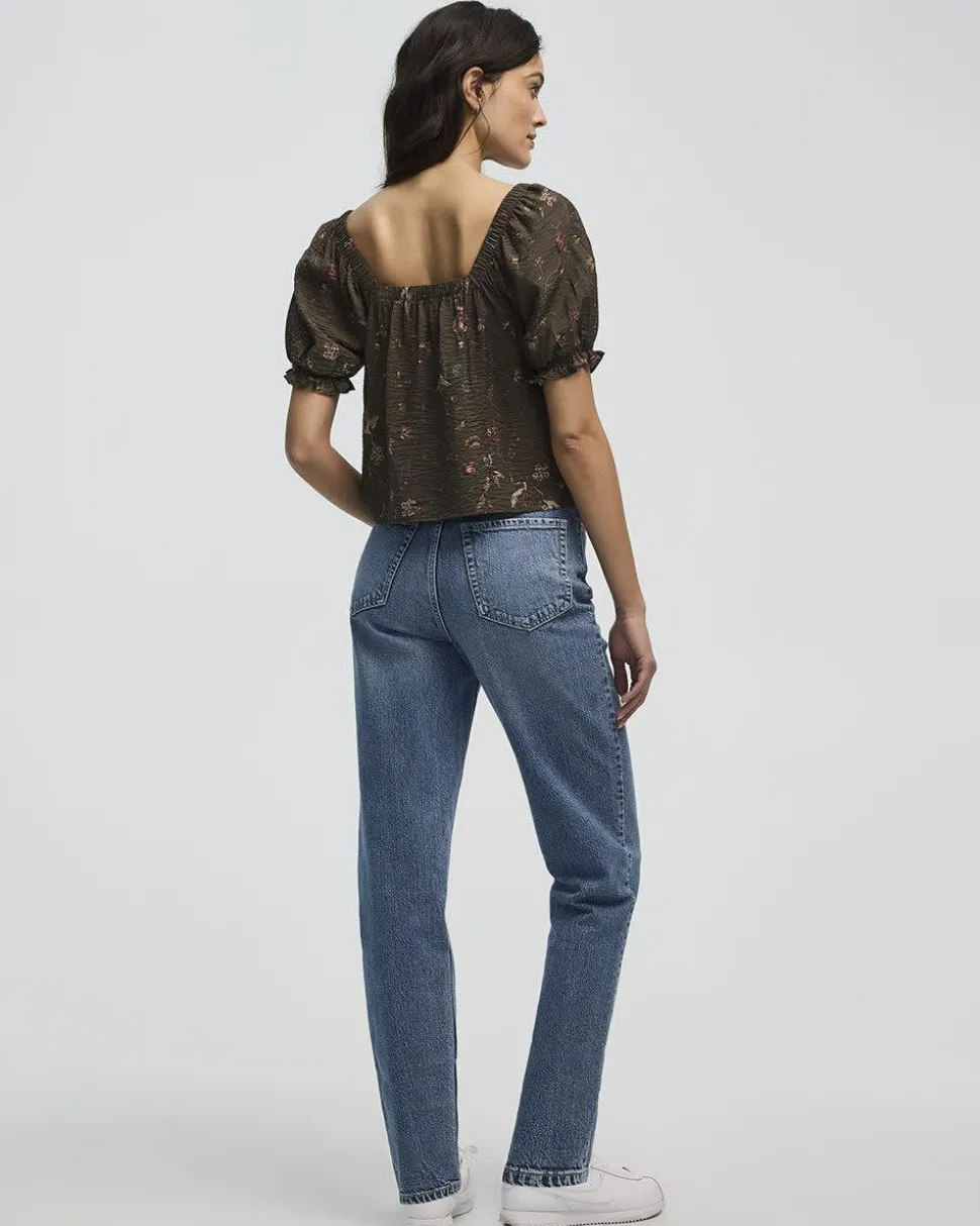 Short-Volume-Sleeve Square-Neck Blouse
