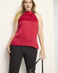 Sleeveless Satin Top with Halter Neckline