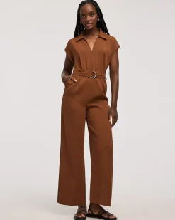 Straight-Leg Extended-Sleeve Belted Jumpsuit