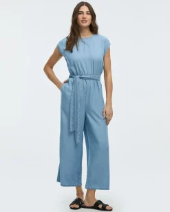 Straight-Leg Short-Sleeve Jumpsuit with Crew Neckline