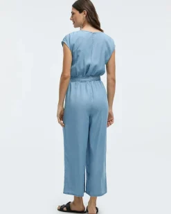 Straight-Leg Short-Sleeve Jumpsuit with Crew Neckline