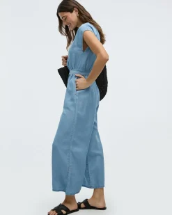Straight-Leg Short-Sleeve Jumpsuit with Crew Neckline