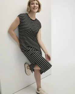 Striped Extended-Sleeve Crew-Neck Midi Dress