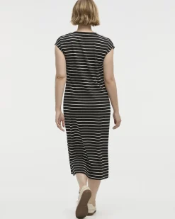 Striped Extended-Sleeve Crew-Neck Midi Dress