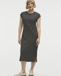 Striped Extended-Sleeve Crew-Neck Midi Dress