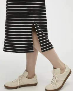 Striped Extended-Sleeve Crew-Neck Midi Dress