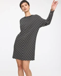 Striped Long-Sleeve Crew-Neck Shift Dress