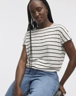 Striped Short-Dolman-Sleeve Boat-Neck T-Shirt