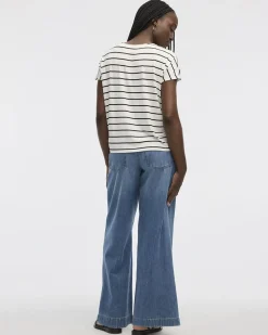 Striped Short-Dolman-Sleeve Boat-Neck T-Shirt