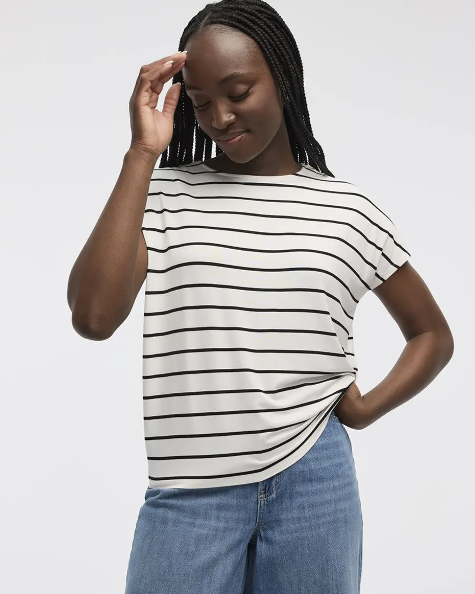 Striped Short-Dolman-Sleeve Boat-Neck T-Shirt